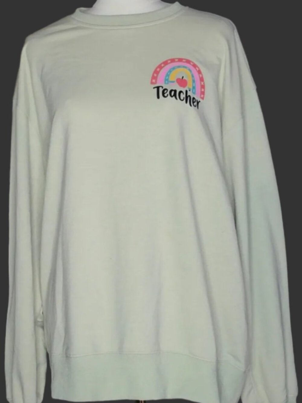 Pastel Rainbow Teacher Graphic Sweatshirt Mint Green Size M